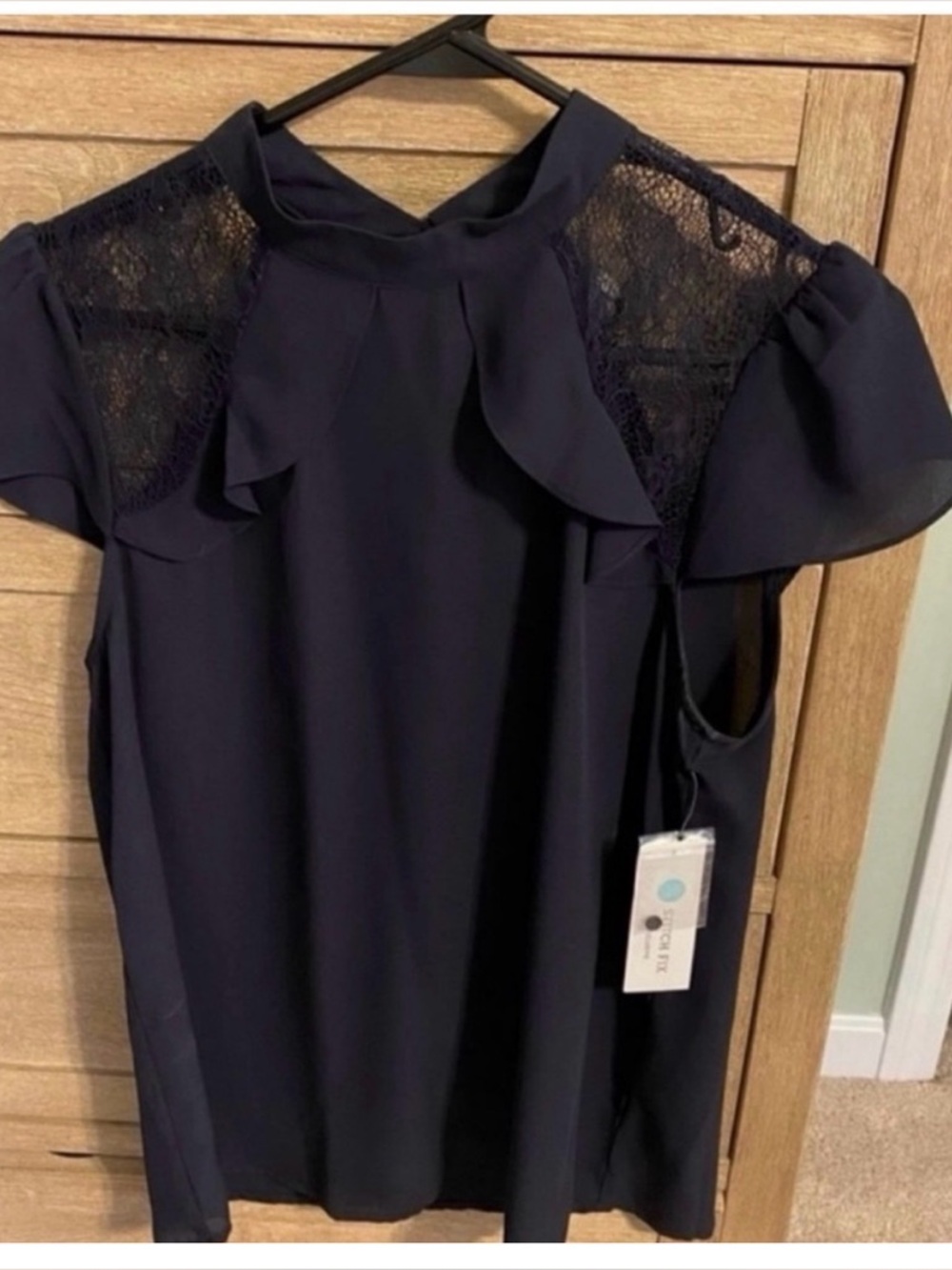 Blue Lace Inset Mock Neck Blouse Size M NWT Cap Sleeve